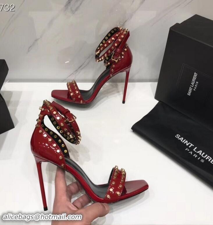 Imitation Saint Laurent Heel 11cm Amber Studs Patent Leather Sandals Y93701 Red 2019