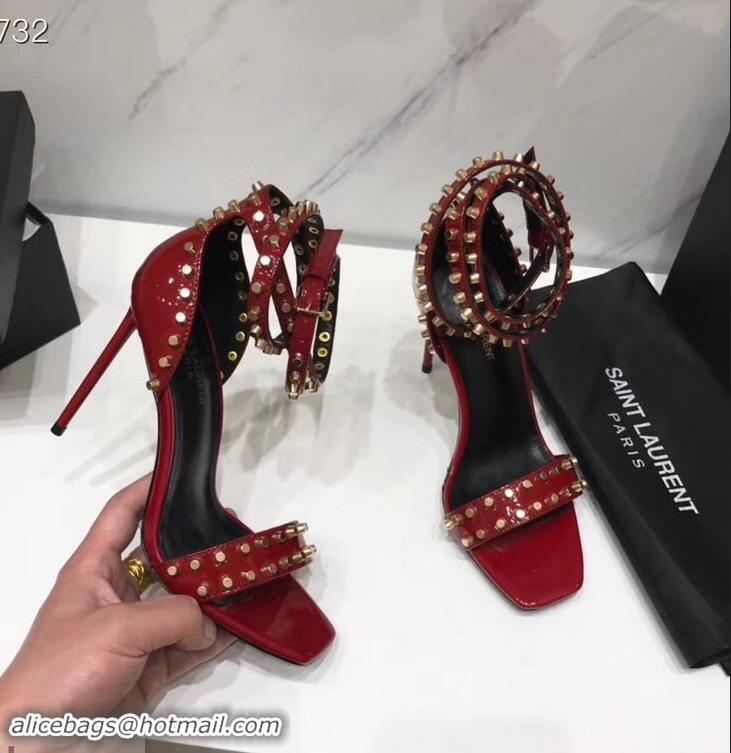 Imitation Saint Laurent Heel 11cm Amber Studs Patent Leather Sandals Y93701 Red 2019