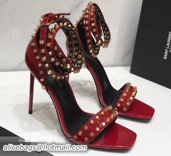 Imitation Saint Laurent Heel 11cm Amber Studs Patent Leather Sandals Y93701 Red 2019