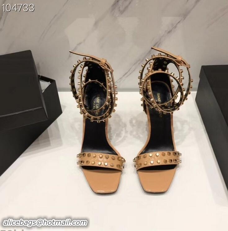 Wholesale Saint Laurent Heel 11cm Amber Studs Patent Leather Sandals Y93701 Apricot 2019