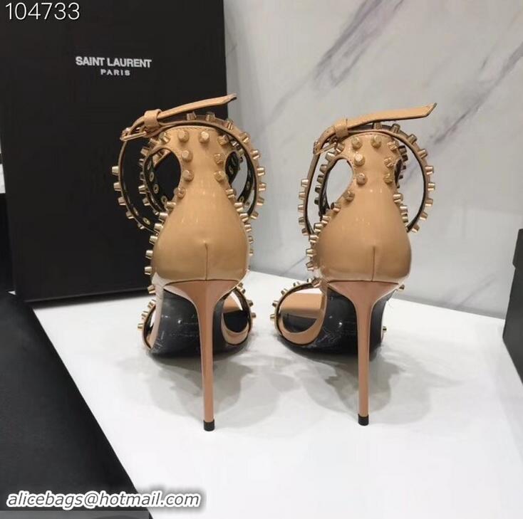 Wholesale Saint Laurent Heel 11cm Amber Studs Patent Leather Sandals Y93701 Apricot 2019