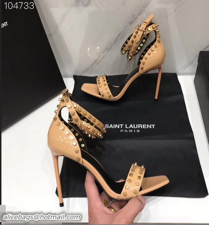 Wholesale Saint Laurent Heel 11cm Amber Studs Patent Leather Sandals Y93701 Apricot 2019