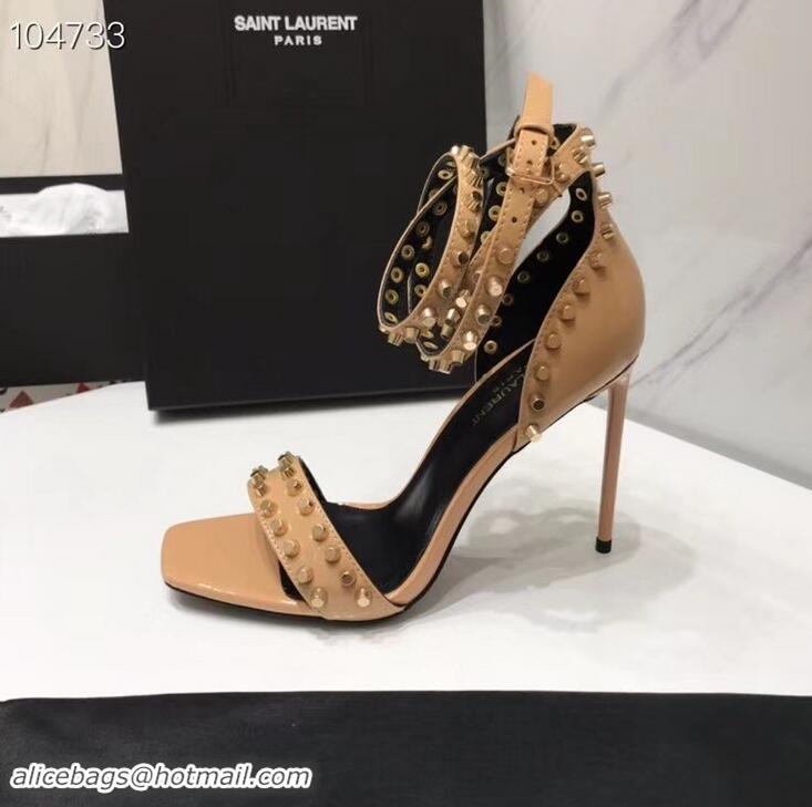 Wholesale Saint Laurent Heel 11cm Amber Studs Patent Leather Sandals Y93701 Apricot 2019