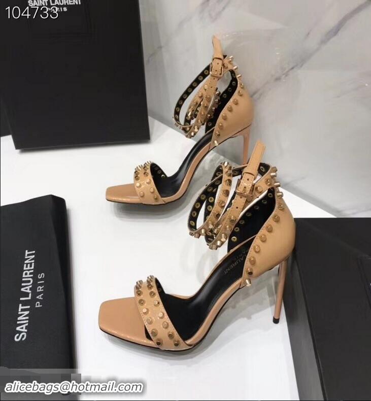 Wholesale Saint Laurent Heel 11cm Amber Studs Patent Leather Sandals Y93701 Apricot 2019