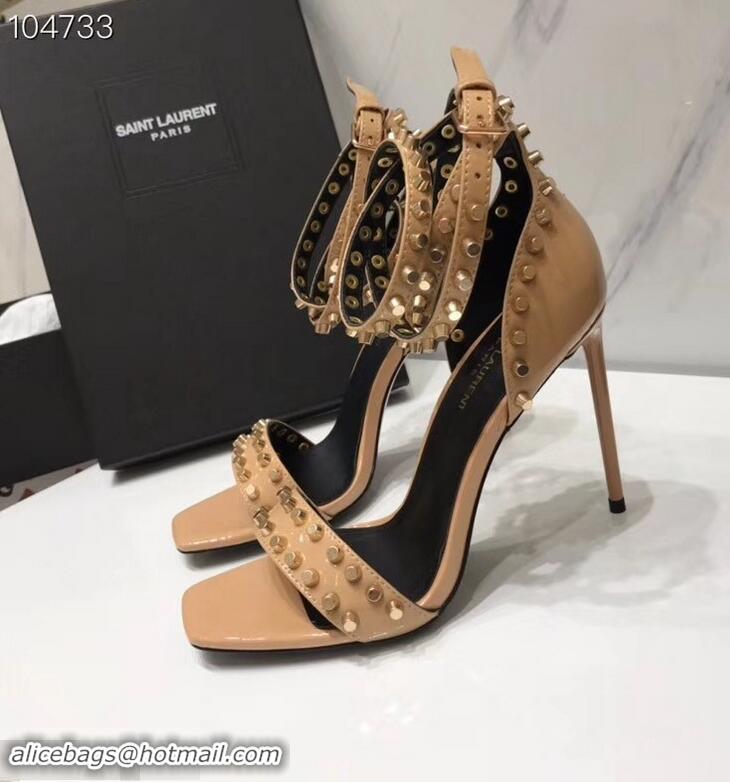 Wholesale Saint Laurent Heel 11cm Amber Studs Patent Leather Sandals Y93701 Apricot 2019