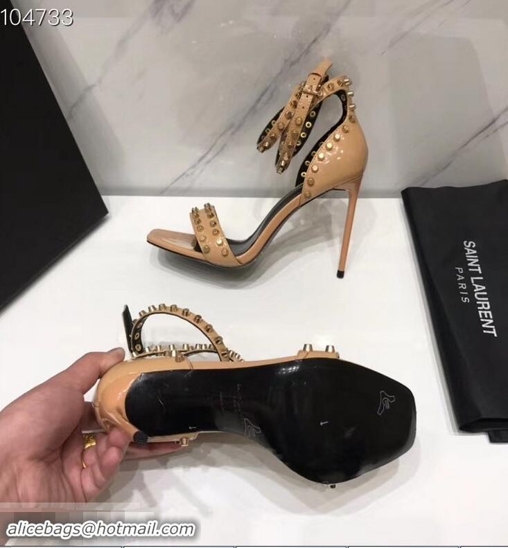 Wholesale Saint Laurent Heel 11cm Amber Studs Patent Leather Sandals Y93701 Apricot 2019