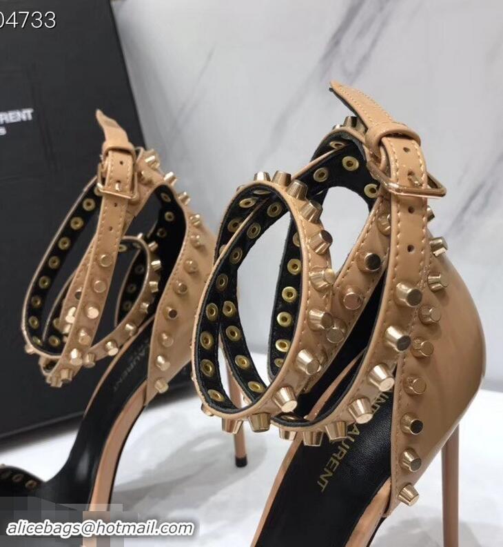 Wholesale Saint Laurent Heel 11cm Amber Studs Patent Leather Sandals Y93701 Apricot 2019