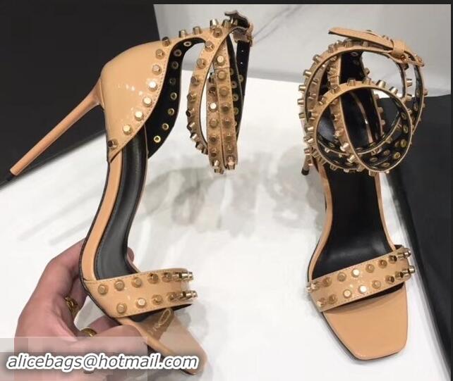 Wholesale Saint Laurent Heel 11cm Amber Studs Patent Leather Sandals Y93701 Apricot 2019