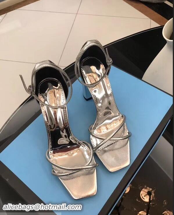 Cheapest Saint Laurent Heel 8.5cm Leather Sandals Y96309 Silver 2019