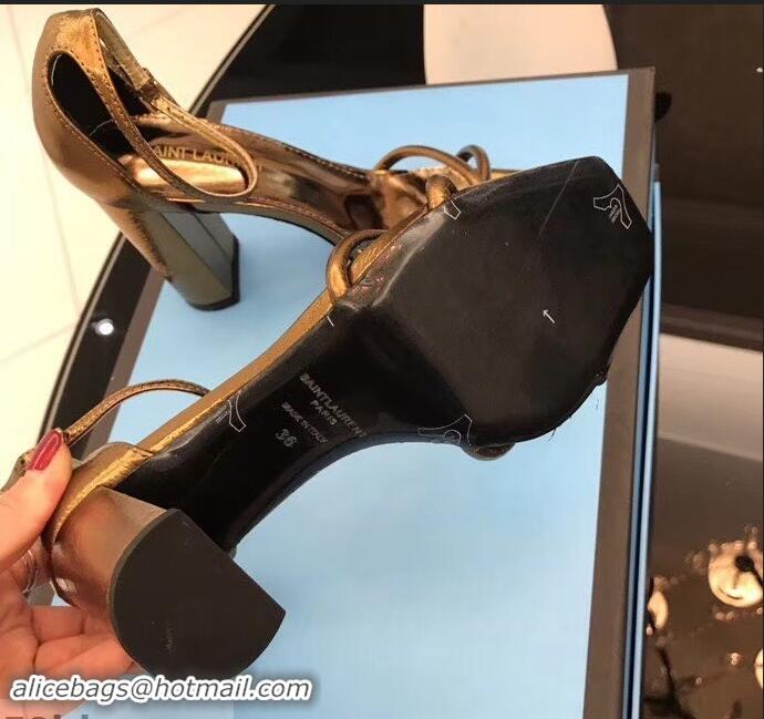 Wholesale Saint Laurent Heel 8.5cm Leather Sandals Y96309 Bronze 2019