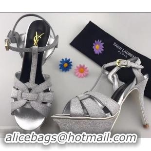 Bulk Discount Saint Laurent Tribute Sandals Y96406 Glitter Leather Silver