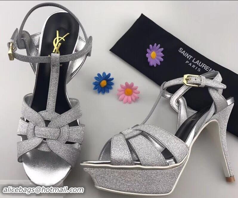 Bulk Discount Saint Laurent Tribute Sandals Y96406 Glitter Leather Silver