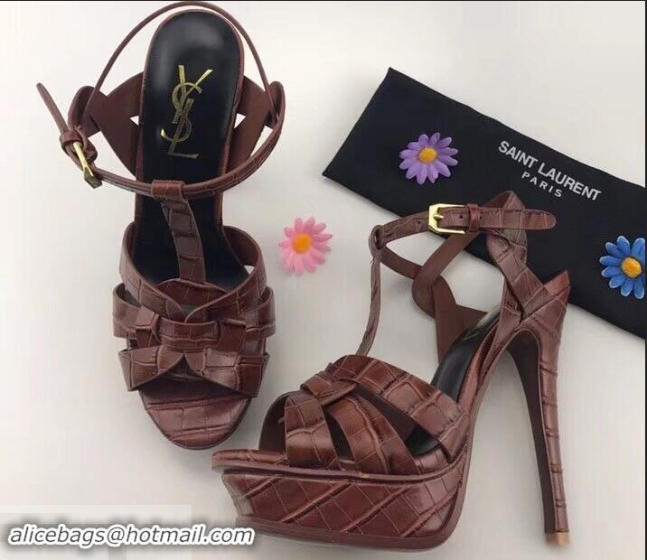 Buy Cheap Saint Laurent Tribute Sandals In Crocodile Embossed Leather Y96410 Brown