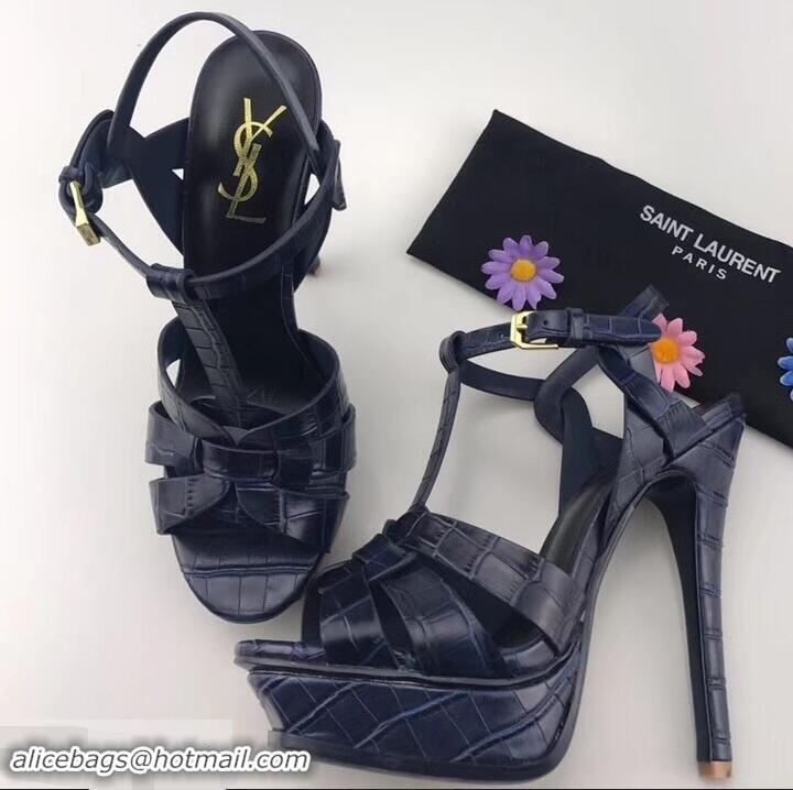 High Cheap Saint Laurent Tribute Sandals In Crocodile Embossed Leather Y96410 Blue