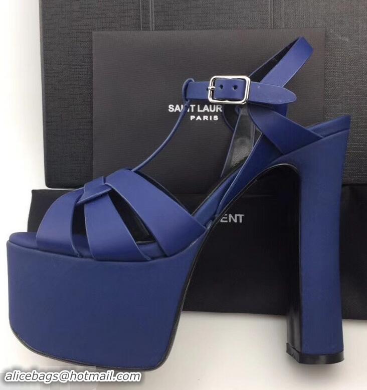 Hot Sell Saint Laurent Heel 13.5cm Platform 5.5cm Tribute Sandals In Smooth Leather Y96416 Blue