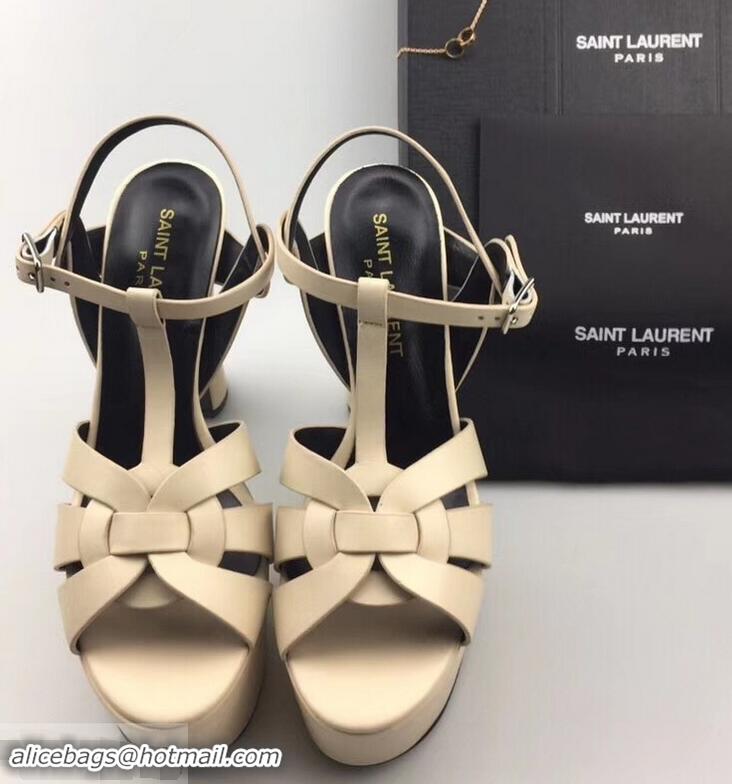 Cheapest Saint Laurent Heel 13.5cm Platform 5.5cm Tribute Sandals In Smooth Leather Y96416 Beige