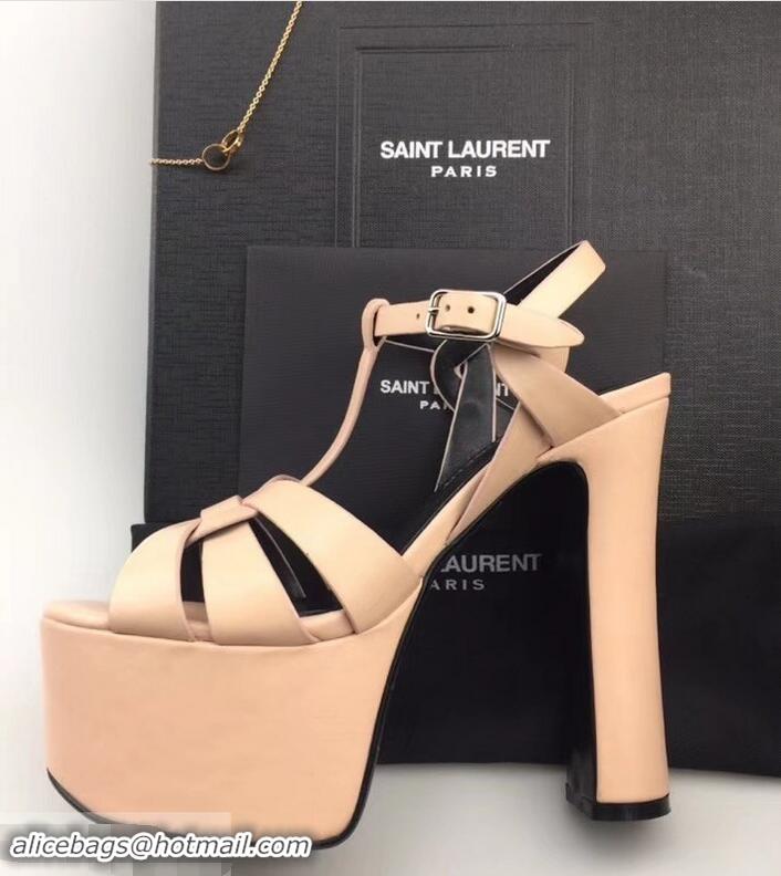 Best Price Saint Laurent Heel 13.5cm Platform 5.5cm Tribute Sandals In Smooth Leather Y96416 Apricot