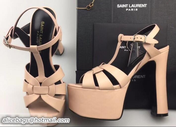 Best Price Saint Laurent Heel 13.5cm Platform 5.5cm Tribute Sandals In Smooth Leather Y96416 Apricot