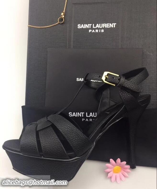 Elegant Saint Laurent Heel 9.5cm Platform 3cm Tribute Sandals In Grained Leather Y96420 Black