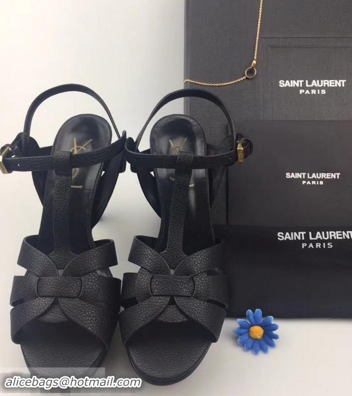 Elegant Saint Laurent Heel 9.5cm Platform 3cm Tribute Sandals In Grained Leather Y96420 Black