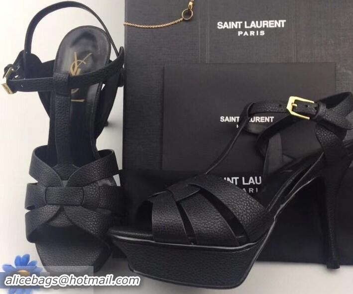 Elegant Saint Laurent Heel 9.5cm Platform 3cm Tribute Sandals In Grained Leather Y96420 Black