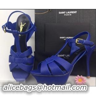 Imitation Saint Laurent Heel 9.5cm Platform 3cm Tribute Sandals In Grained Leather Y96420 Blue