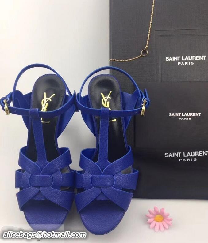 Imitation Saint Laurent Heel 9.5cm Platform 3cm Tribute Sandals In Grained Leather Y96420 Blue