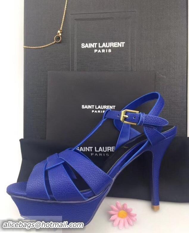 Imitation Saint Laurent Heel 9.5cm Platform 3cm Tribute Sandals In Grained Leather Y96420 Blue