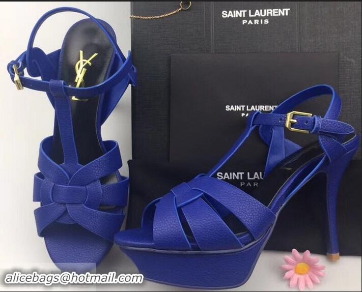 Imitation Saint Laurent Heel 9.5cm Platform 3cm Tribute Sandals In Grained Leather Y96420 Blue