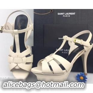 Cheapest Saint Laurent Heel 9.5cm Platform 3cm Tribute Sandals In Grained Leather Y96420 Creamy