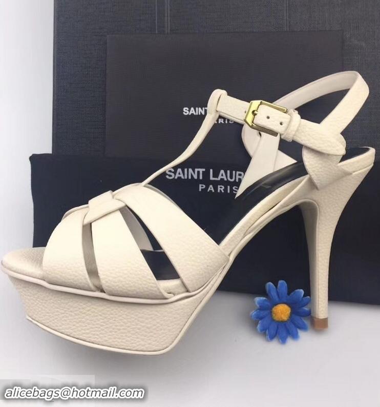 Cheapest Saint Laurent Heel 9.5cm Platform 3cm Tribute Sandals In Grained Leather Y96420 Creamy