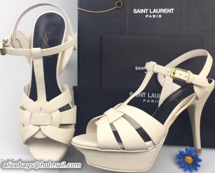 Cheapest Saint Laurent Heel 9.5cm Platform 3cm Tribute Sandals In Grained Leather Y96420 Creamy