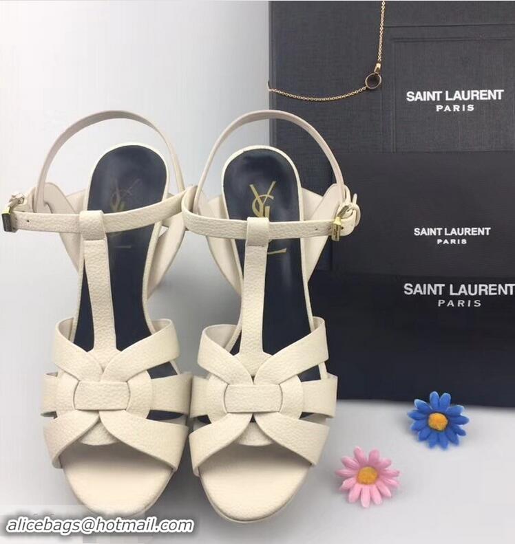 Cheapest Saint Laurent Heel 9.5cm Platform 3cm Tribute Sandals In Grained Leather Y96420 Creamy