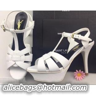 Top Quality Saint Laurent Heel 9.5cm Platform 3cm Tribute Sandals In Grained Leather Y96420 White