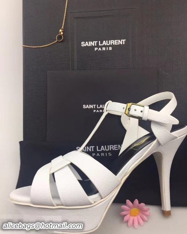 Top Quality Saint Laurent Heel 9.5cm Platform 3cm Tribute Sandals In Grained Leather Y96420 White