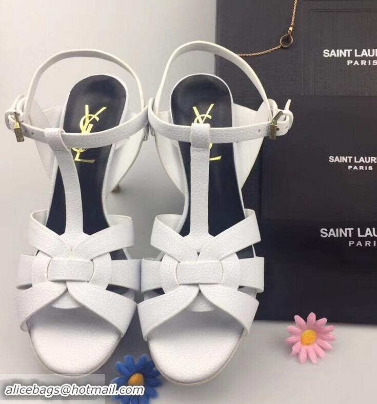 Top Quality Saint Laurent Heel 9.5cm Platform 3cm Tribute Sandals In Grained Leather Y96420 White