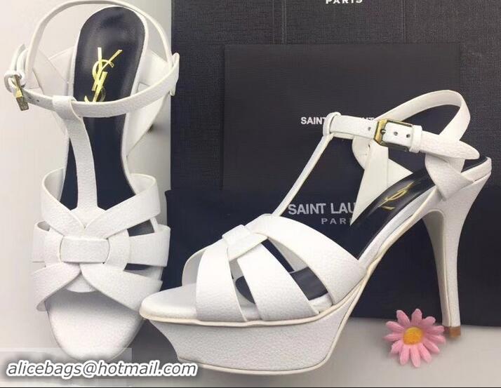 Top Quality Saint Laurent Heel 9.5cm Platform 3cm Tribute Sandals In Grained Leather Y96420 White