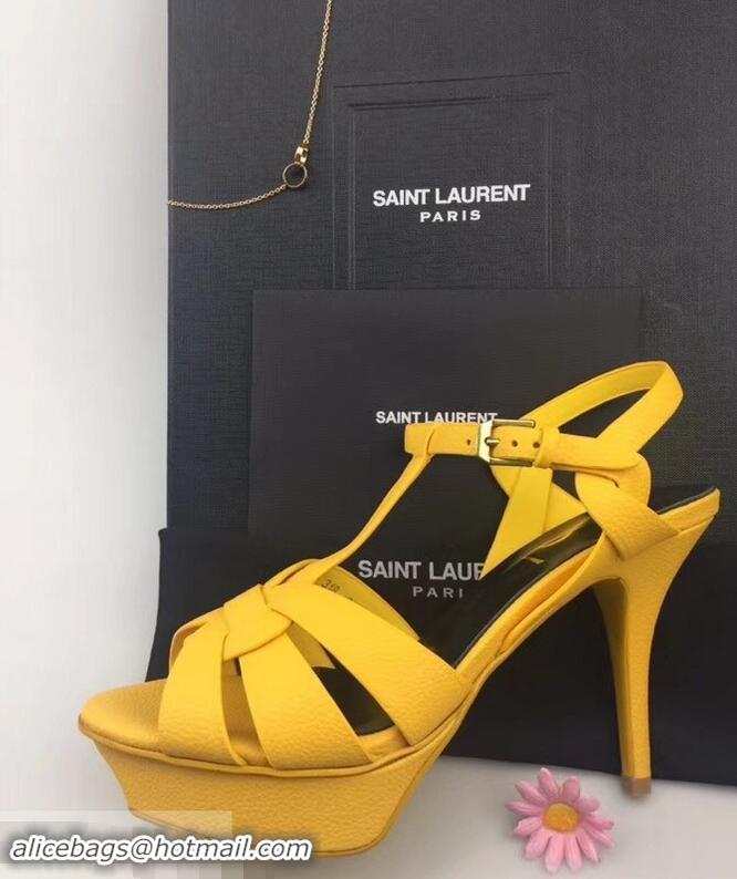 Hot Sell Saint Laurent Heel 9.5cm Platform 3cm Tribute Sandals In Grained Leather Y96420 Yellow