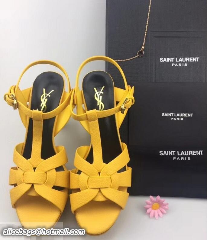 Hot Sell Saint Laurent Heel 9.5cm Platform 3cm Tribute Sandals In Grained Leather Y96420 Yellow