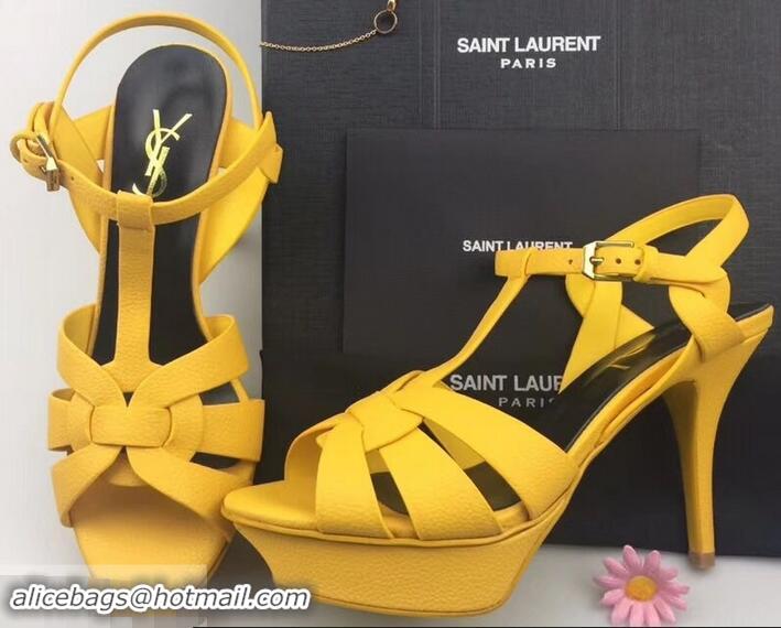 Hot Sell Saint Laurent Heel 9.5cm Platform 3cm Tribute Sandals In Grained Leather Y96420 Yellow