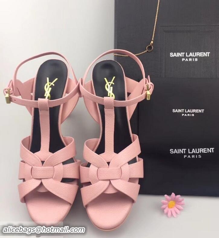 Hot Sell Saint Laurent Heel 9.5cm Platform 3cm Tribute Sandals In Grained Leather Y96420 Pink