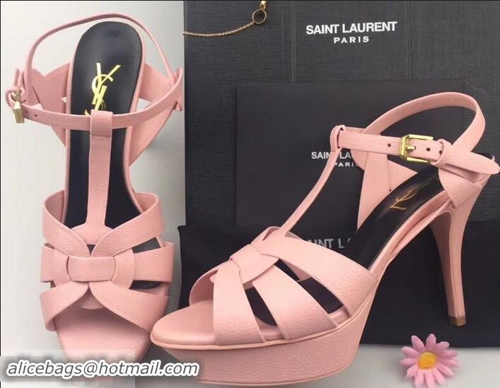 Hot Sell Saint Laurent Heel 9.5cm Platform 3cm Tribute Sandals In Grained Leather Y96420 Pink