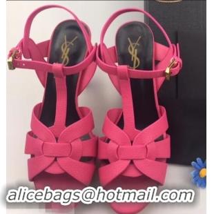 Spot Bulk Saint Laurent Heel 9.5cm Platform 3cm Tribute Sandals In Grained Leather Y96420 Fuchsia