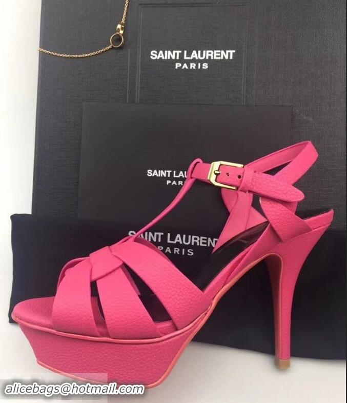 Spot Bulk Saint Laurent Heel 9.5cm Platform 3cm Tribute Sandals In Grained Leather Y96420 Fuchsia