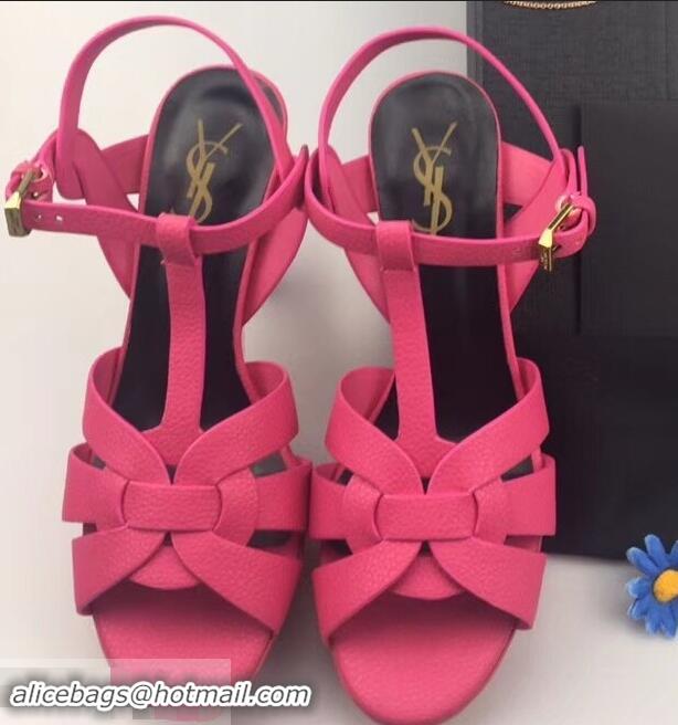 Spot Bulk Saint Laurent Heel 9.5cm Platform 3cm Tribute Sandals In Grained Leather Y96420 Fuchsia