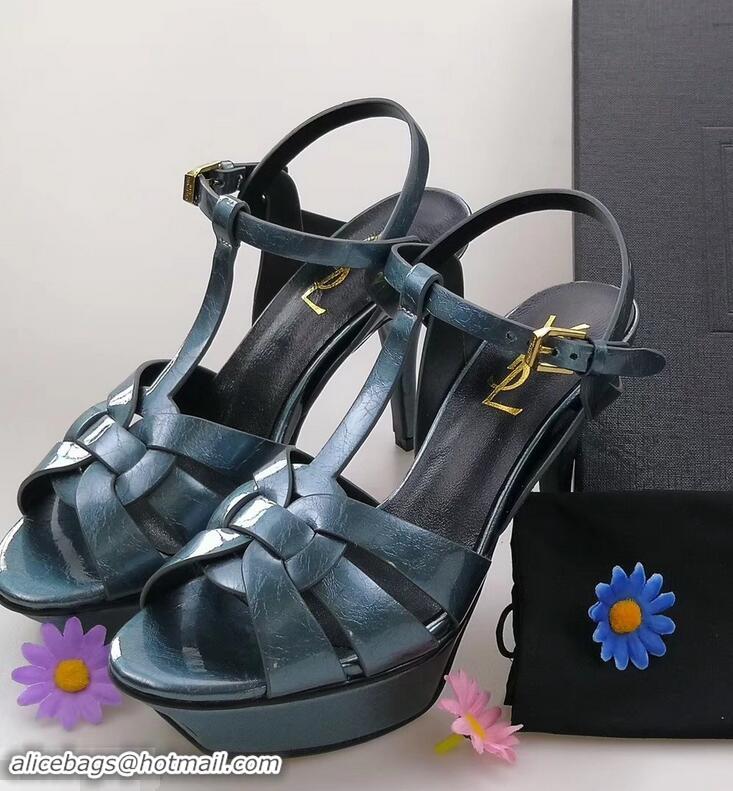 Duplicate Saint Laurent Tribute Sandals In Patent Crinkled Leather Y96445 Blue