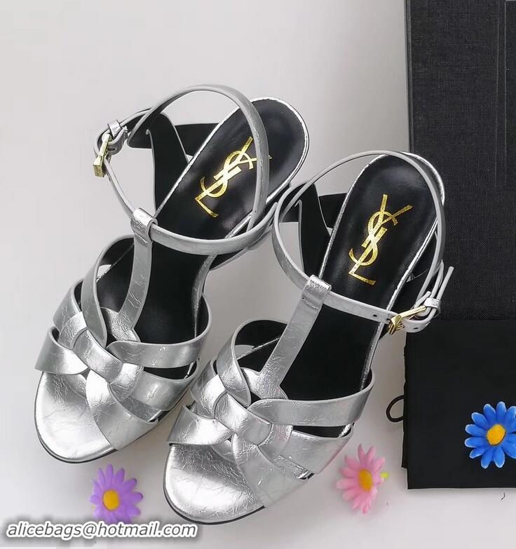 Discount Saint Laurent Tribute Sandals In Patent Crinkled Leather Y96445 Silver