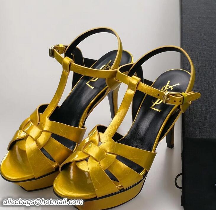 Imitation Saint Laurent Tribute Sandals In Patent Crinkled Leather Y96445 Yellow