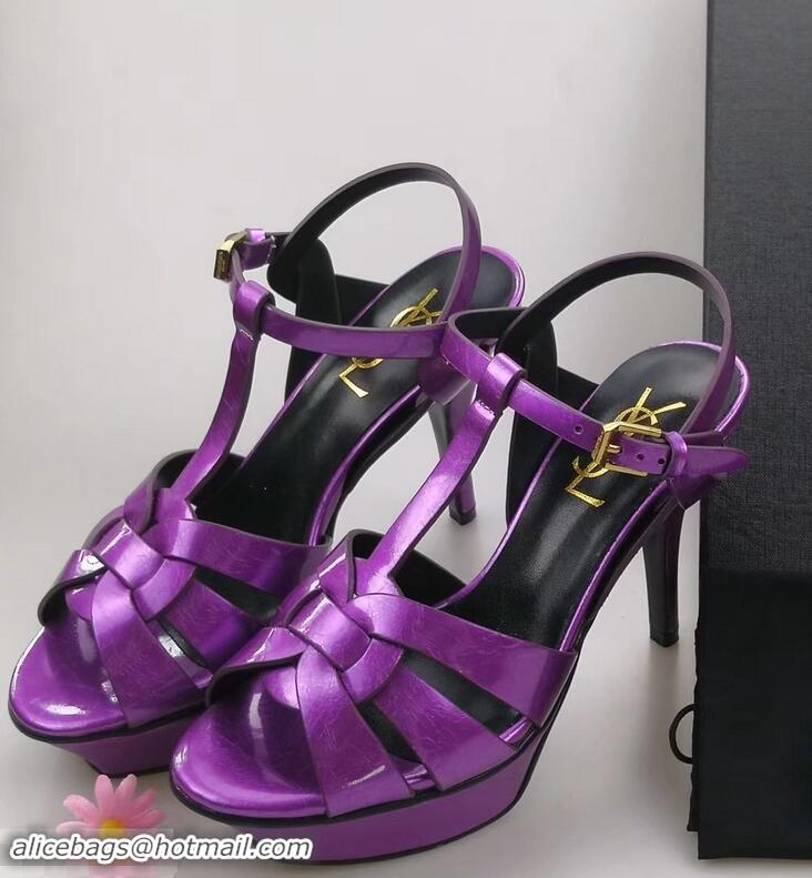 Discount Saint Laurent Tribute Sandals In Patent Crinkled Leather Y96445 Purple