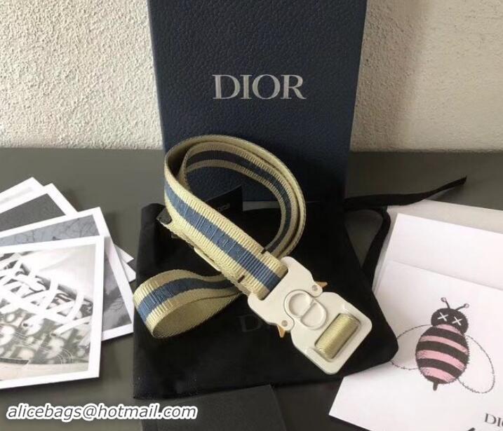 New Stylish Dior Width 2.5cm Belt with Square CD Buckle in 931043 Canvas Striped Beige/Blue